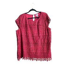 Vicki Wayne Top Women Size XL Red Blouse Cap Sleeve Crotchet Lace Dark Romantic